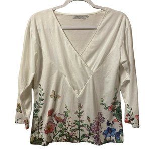 MissLook White Long Sleeve V-Neck Knit Top Blue Green Floral Print Woman's S